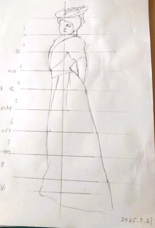 アート実践講座に取り組む今日子さんが描いた1906年の婦人像アウトライン