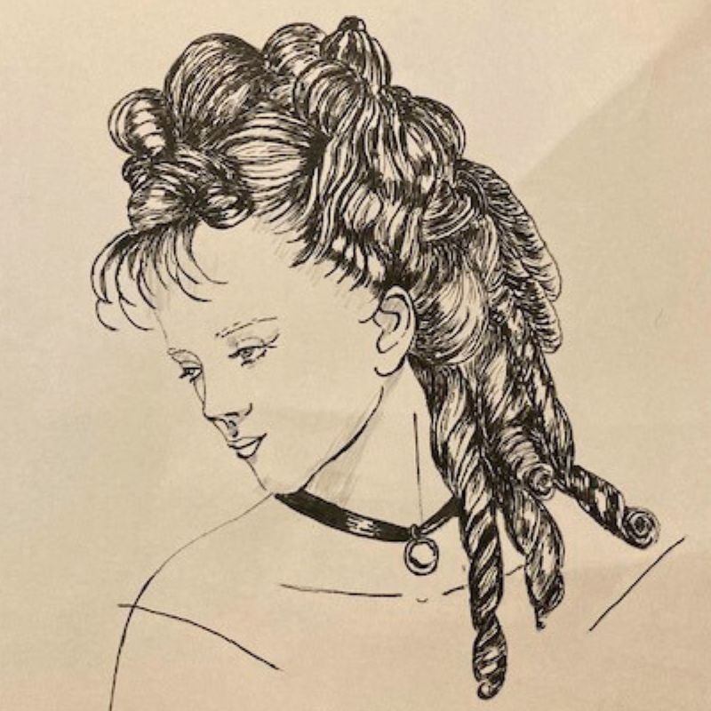 黒だけで塗るぬりえ講座の受講生作品。挫折しないぬりえで描いた繊細な髪型のイラスト。